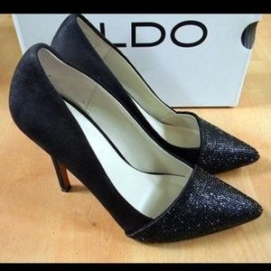 ALDO 7 BLACK SUEDE LEATHER SPARKLY RHINESTONE HEELS w BOX